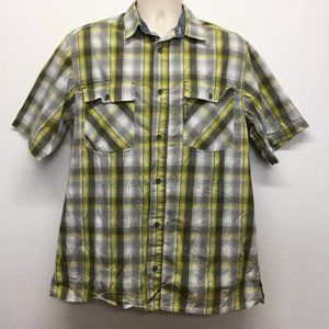 Columbia Mens L Button Up Shirt Yellow Gray Plaid Short Sleeve Pockets